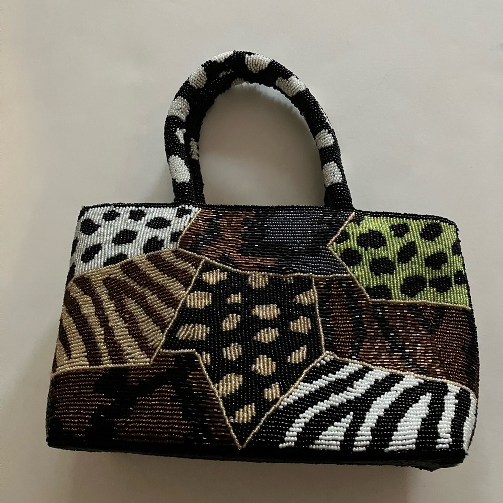 Beaded Patchwork Animal-Print Tote in Black, White & Green